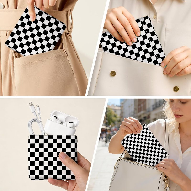 Makeup Bag Set - 2 PCS PU Leather Cosmetic Organizer for Travel | Checkered Design, Portable Self-Closing Pouch