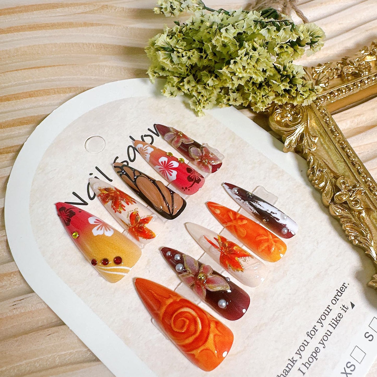 Fall Press-On Nails - 24 Pcs Long Stiletto Maple Leaf Design with Pearl Rhinestones | Thanksgiving Acrylic Nail Tips