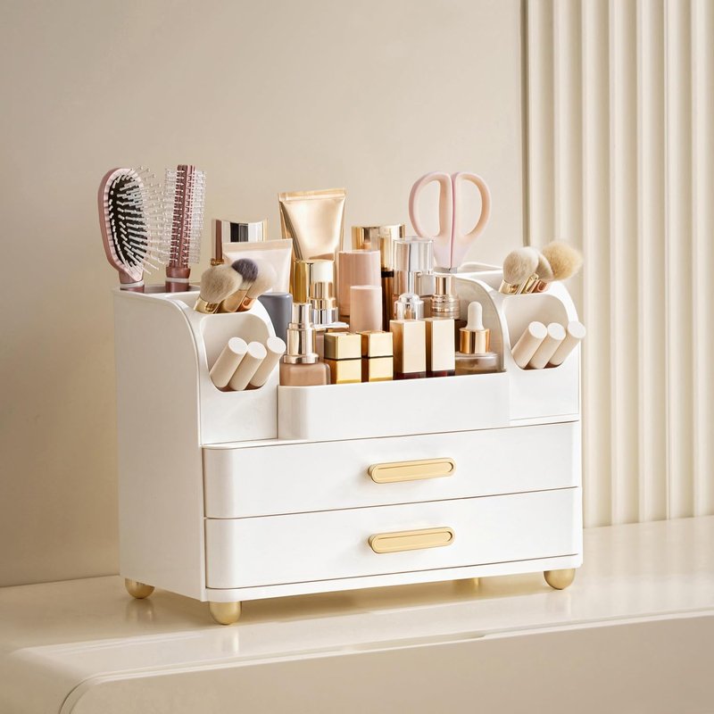Makeup Organizer for Vanity - Large Bathroom Countertop Cosmetic Storage with Brush Holder | All White