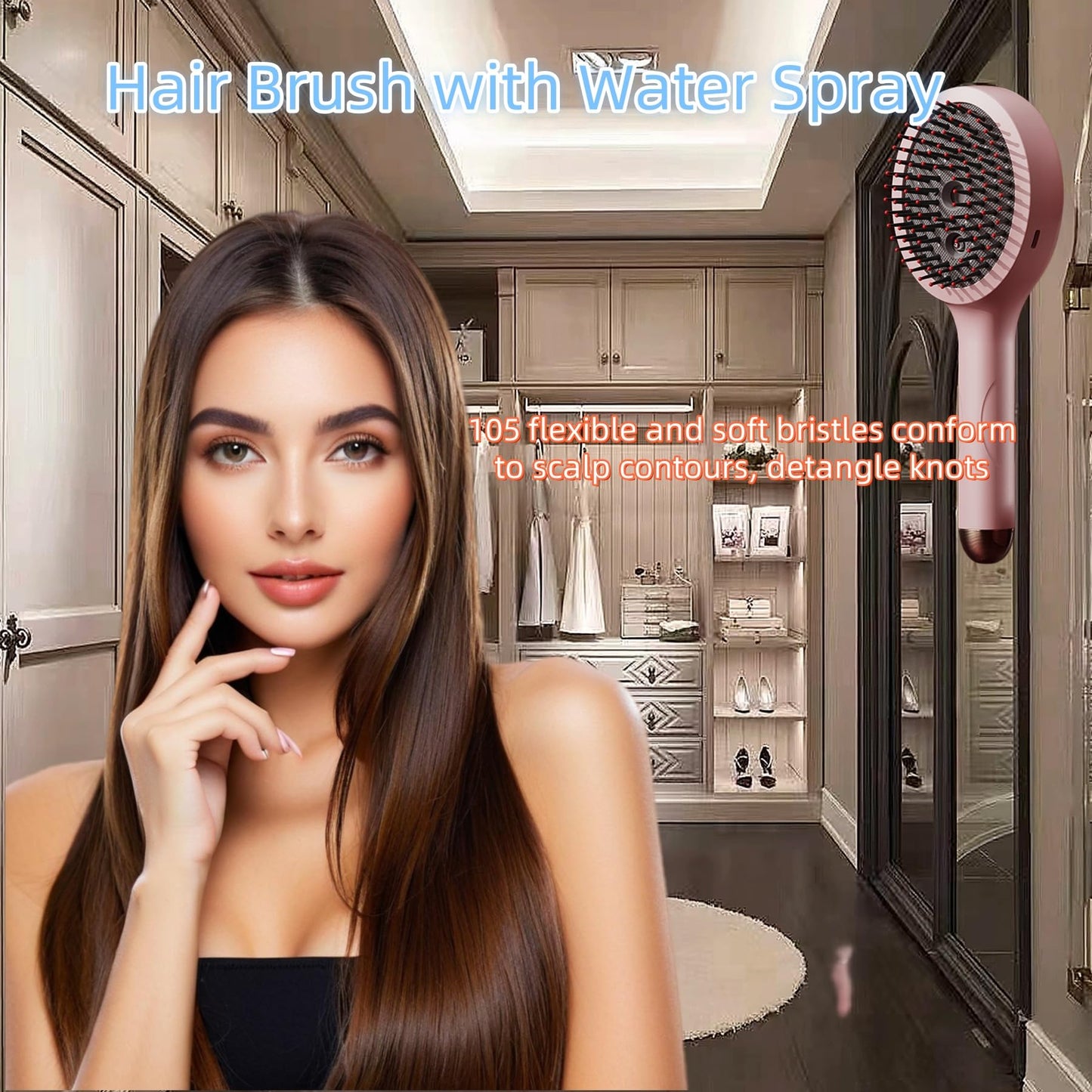 Hair Brush with Water Spray, 2-in-1 Hydrating Styling Brush, Wet & Dry Tangle-Free Brush with Soft Bristles, Adds Shine & Smooth, Reduces Frizz for Women & Men (Pink)