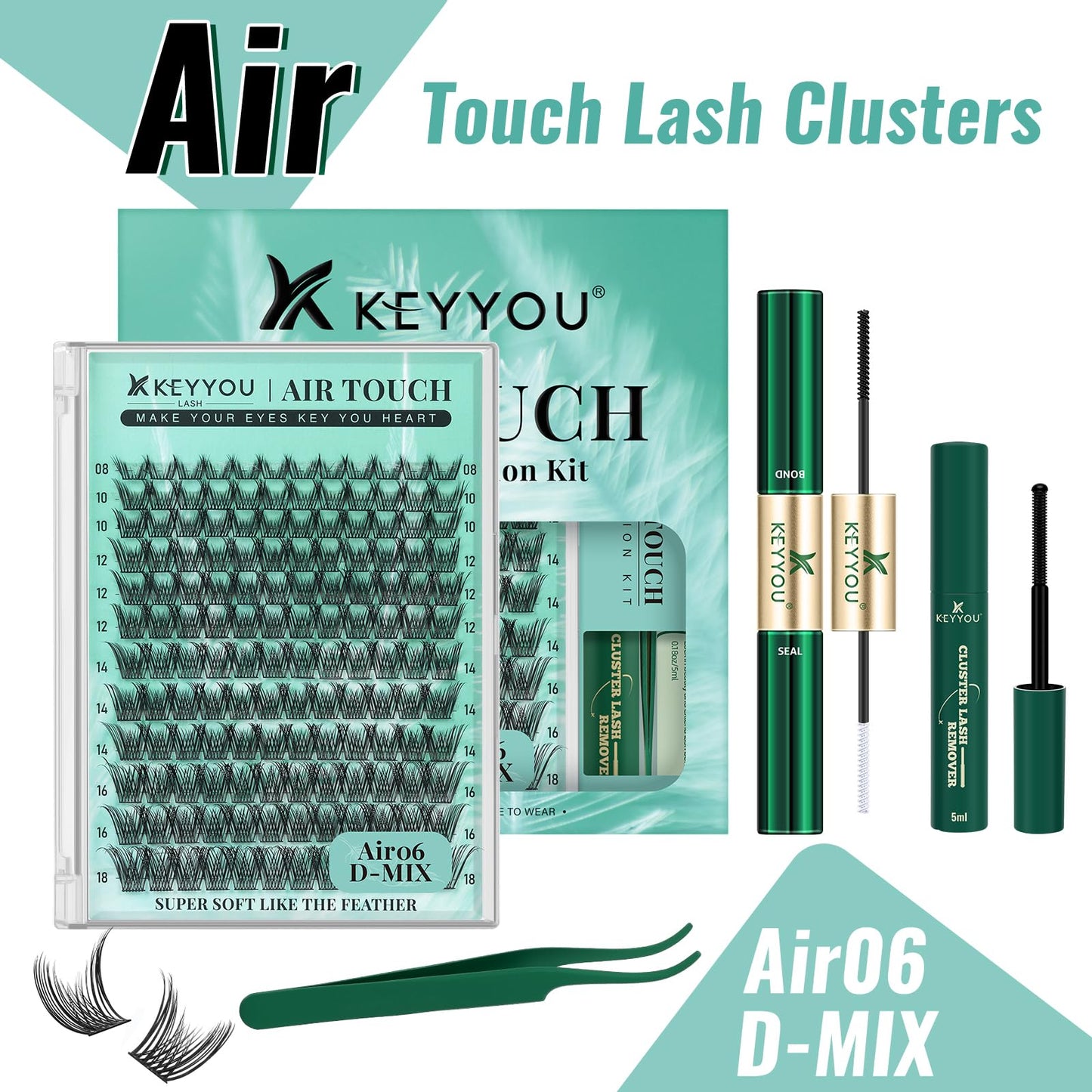 KEYYOU Lash Extension Kit 144pcs Air Touch Lash Clusters with Bond and Seal Lash Applicator Remover D Curl DIY Eyelash Extension Kit Easy to Apply at Home(Air06Kit-D-8-18Mix)