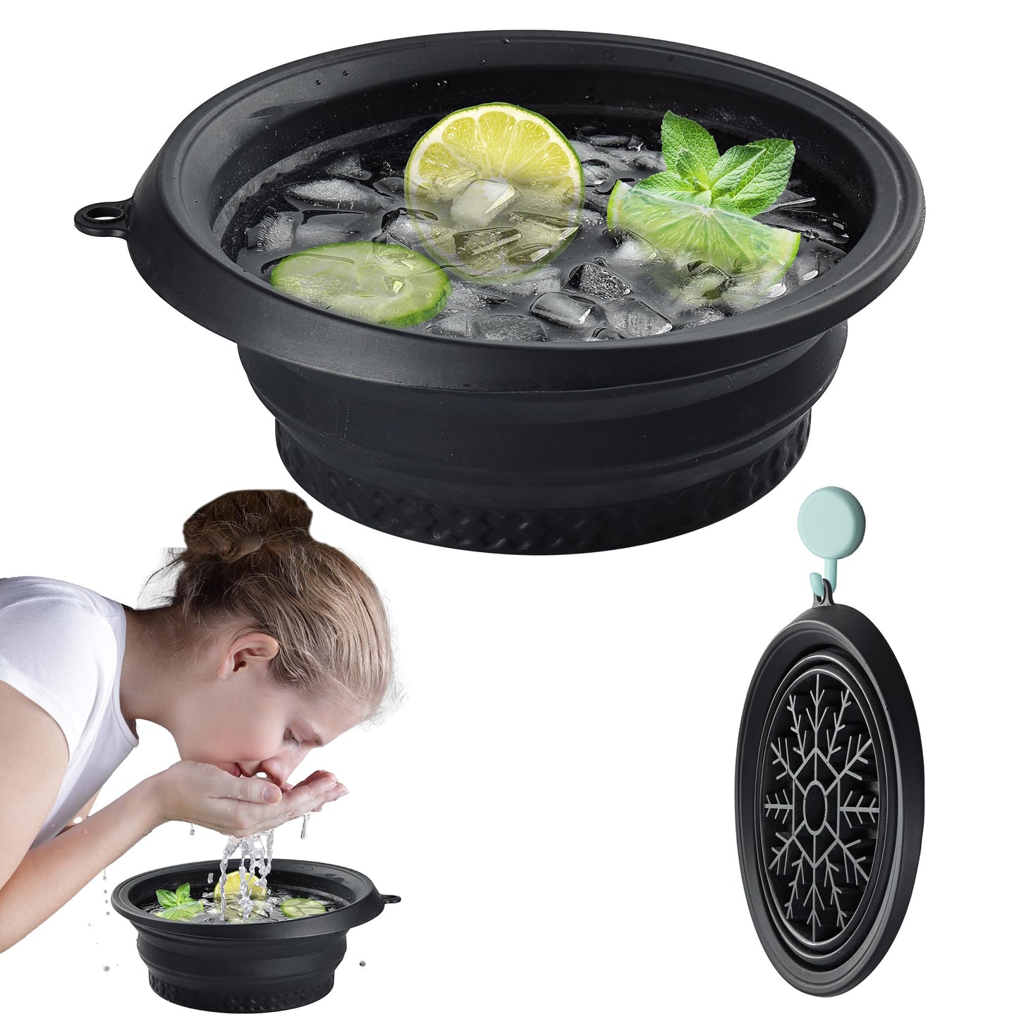 KOOK UDU Silicone Face Ice Bath Bowl with Built-In Icetray,Silicone and Foldable Face Tub,Ice Bath Water Chiller,Skin Tightening and Acne Relief for Home & Travel (Black)