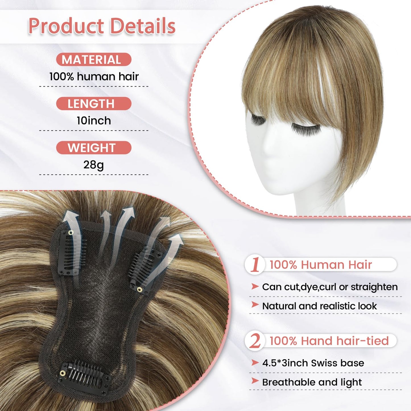 YAMI Human Hair Toppers for Thinning Hair - 10" Bangs Hairpiece | Medium Brown Mix with Dark Brown Root