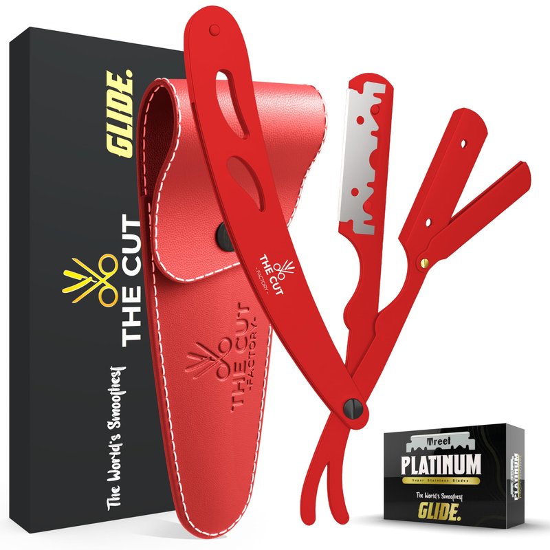 The Cut- Factory- Straight Razor with 20 Pack Platinum Treet Single Blade Razors for Men- Professional Barber Straight Edge Razor for Close Shaving 100 Percent Stainless Steel, Red