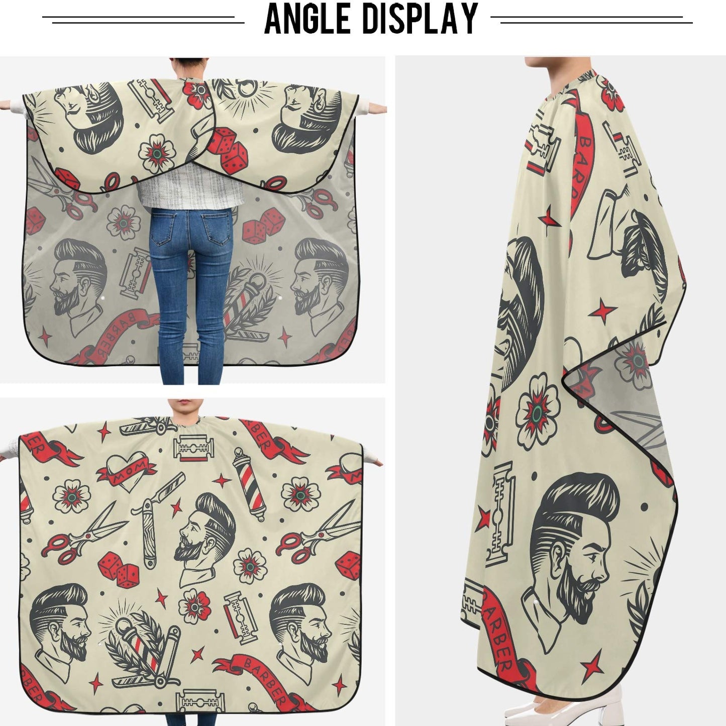 visesunny Barbershop Tattoo Vintage Seamless Pattern Barber Cape Anti-Static Hair Cutting Cape with Snap Closure Professional Salon Polyester Beard Shaving Bib Water-Resistant Hairdressing Cape Adjust