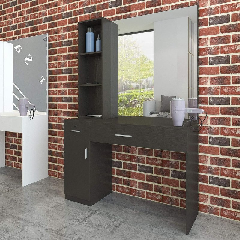 Wall Mount Barber Station - Stylish Salon Equipment with Mirror & Left Shelf - Black Finish