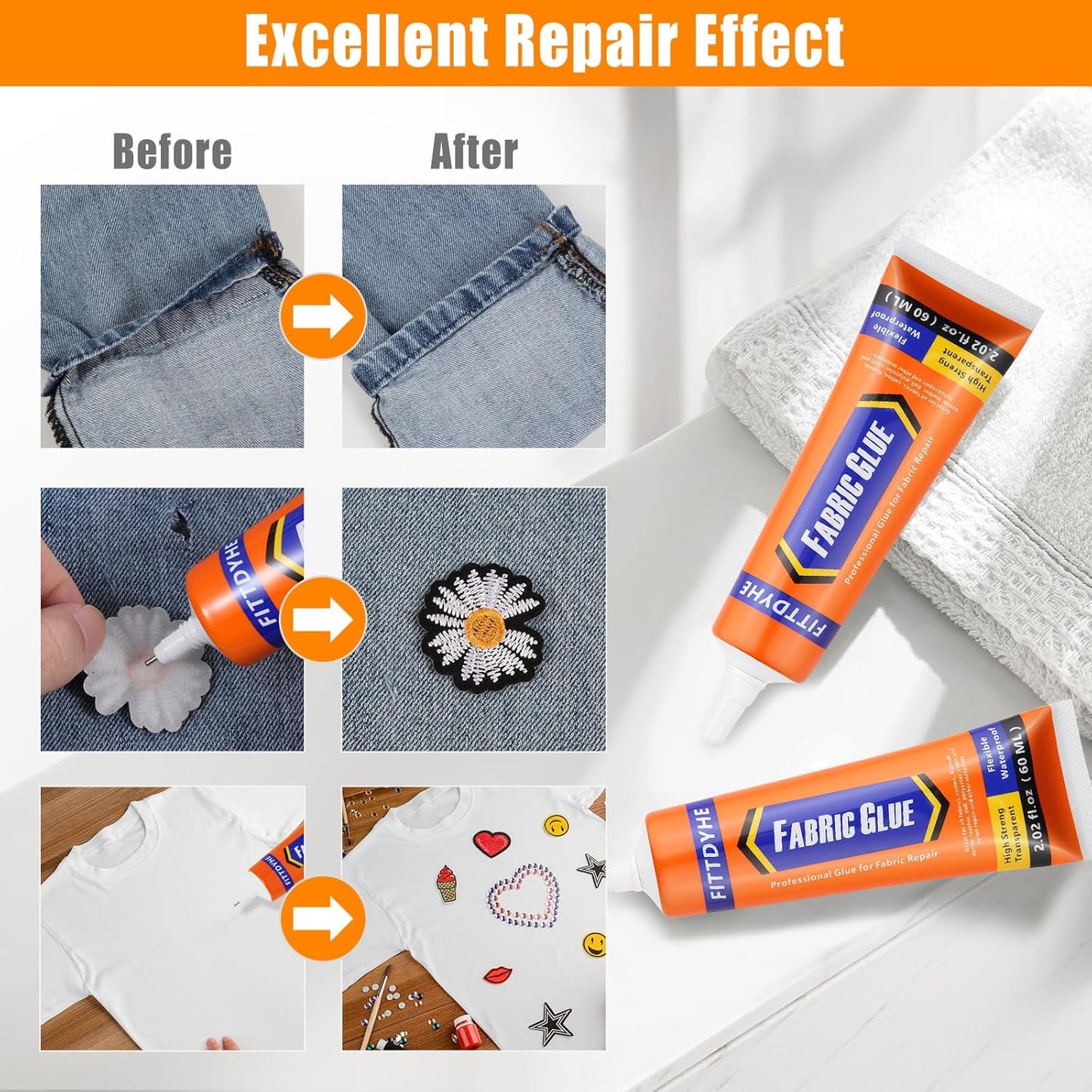 Fabric Glue - Permanent Washable Clear Adhesive for Rhinestones, Patches, Denim & More | 60 ML