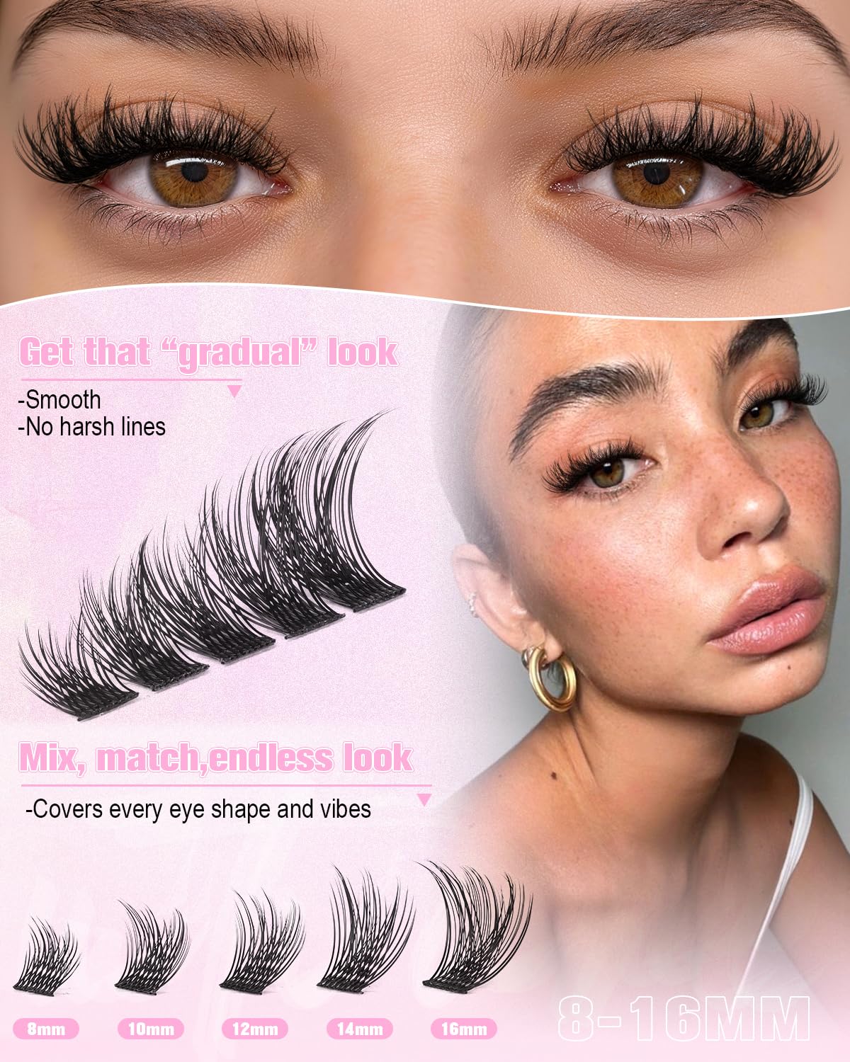 Wispy Lash Clusters Kit 8-16mm Volume Cluster Eyelash Extensions Kit Natural Lashes Clusters with Thin Band D Curl Individual Lashes Eyelashes Clusters Kit for DIY Lash Extensions Daily Makeup