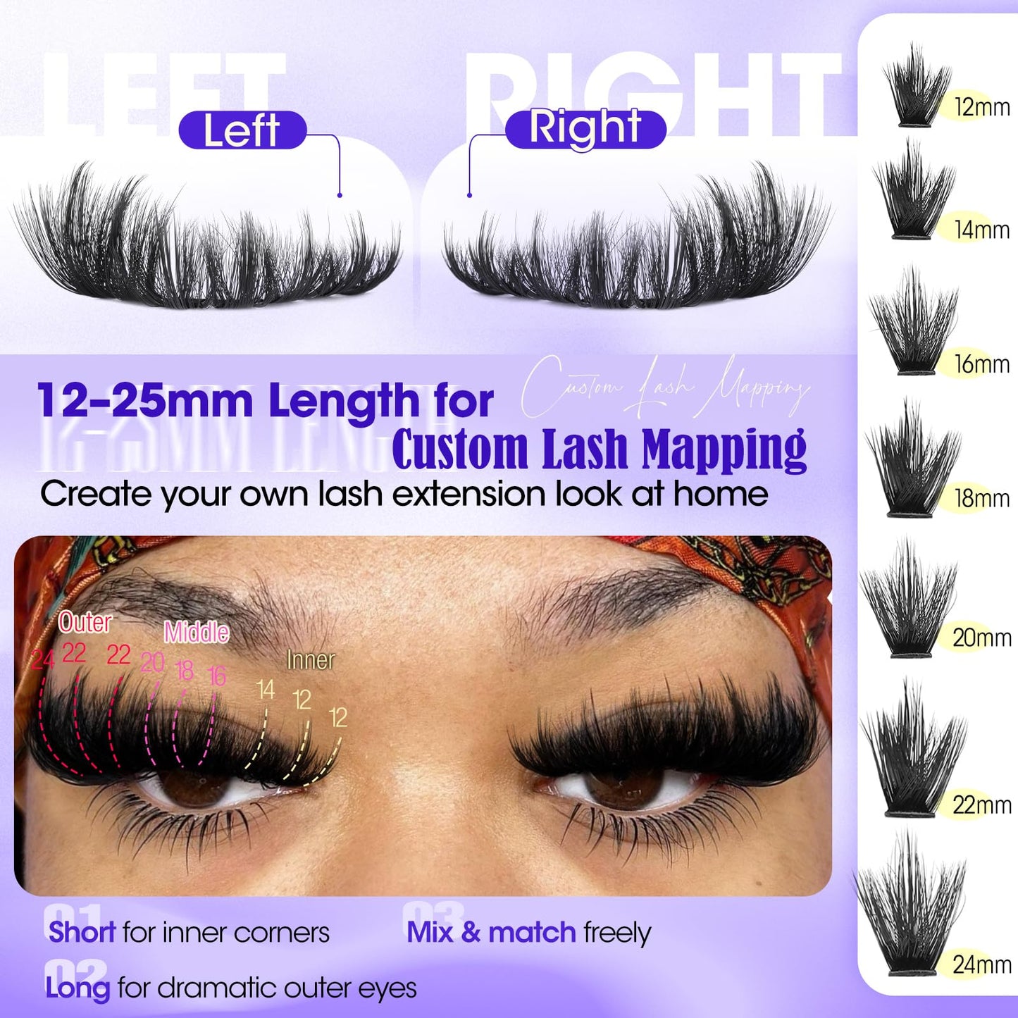 Fluffy Lash Clusters 150D+200D+300D Thick Volume Cluster Eyelash Extensions 12-25mm Dramatic Long Eyelash Clusters Wispy Individual Lashes D Curl Cluster Lashes DIY Glam Lash Extension by Yawamica