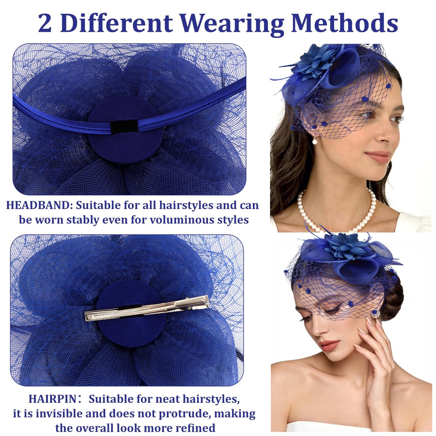 Semato Fascinators Hats for Women Mesh Feathers Elegant Royal Blue Tea Party Kentucky Hat Derby Headband with Hair Clip