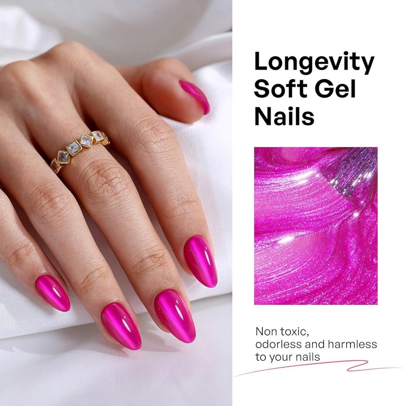 Almond Cat Eye Press-On Nails - Hot Pink Soft Gel | 32 Pcs Reusable Fuchsia Stick-On Nails, 16 Sizes Available