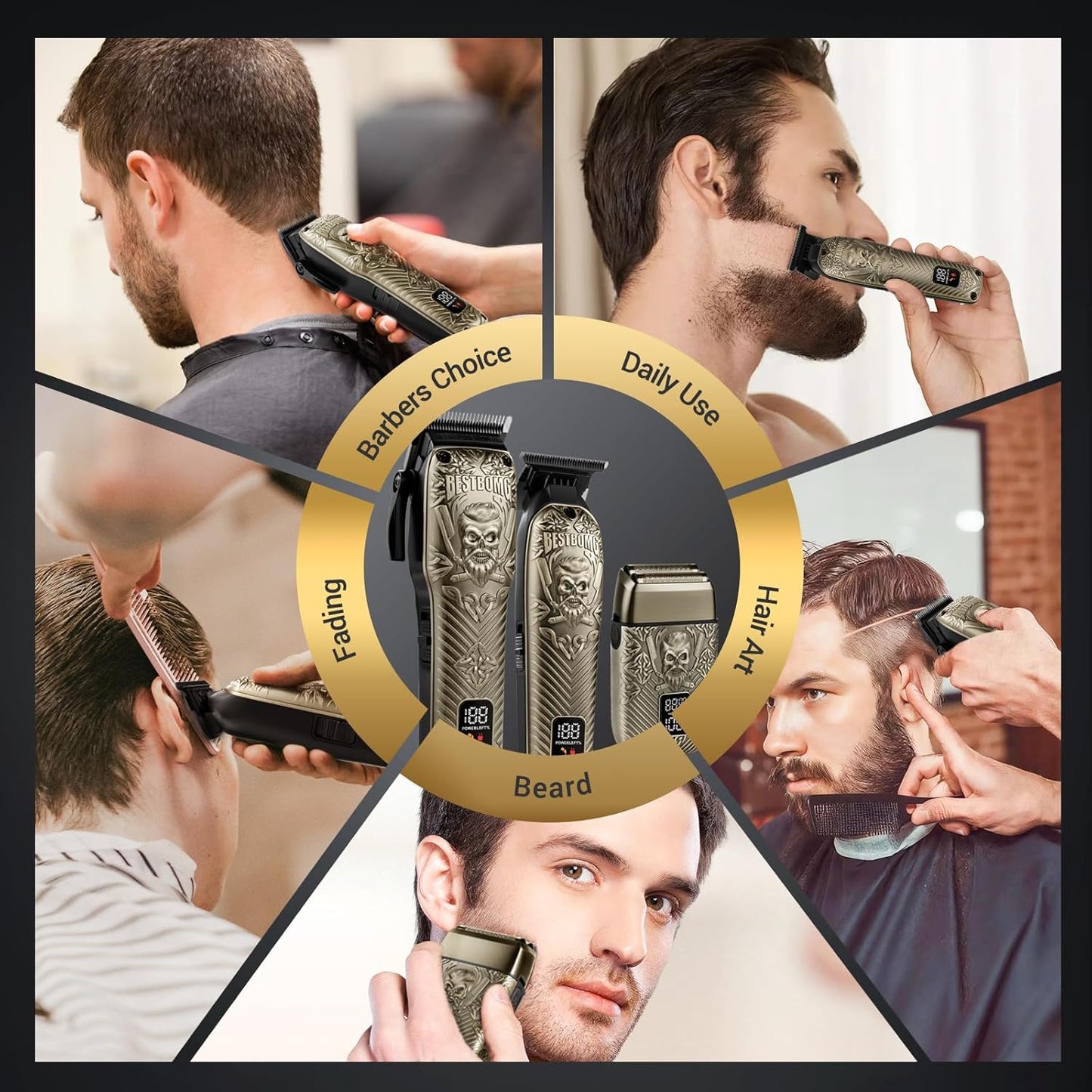 Professional Hair Clippers for Men - Rechargeable Metal T-Blade Beard Trimmer & Shaver Set | LED Display, Bronze
