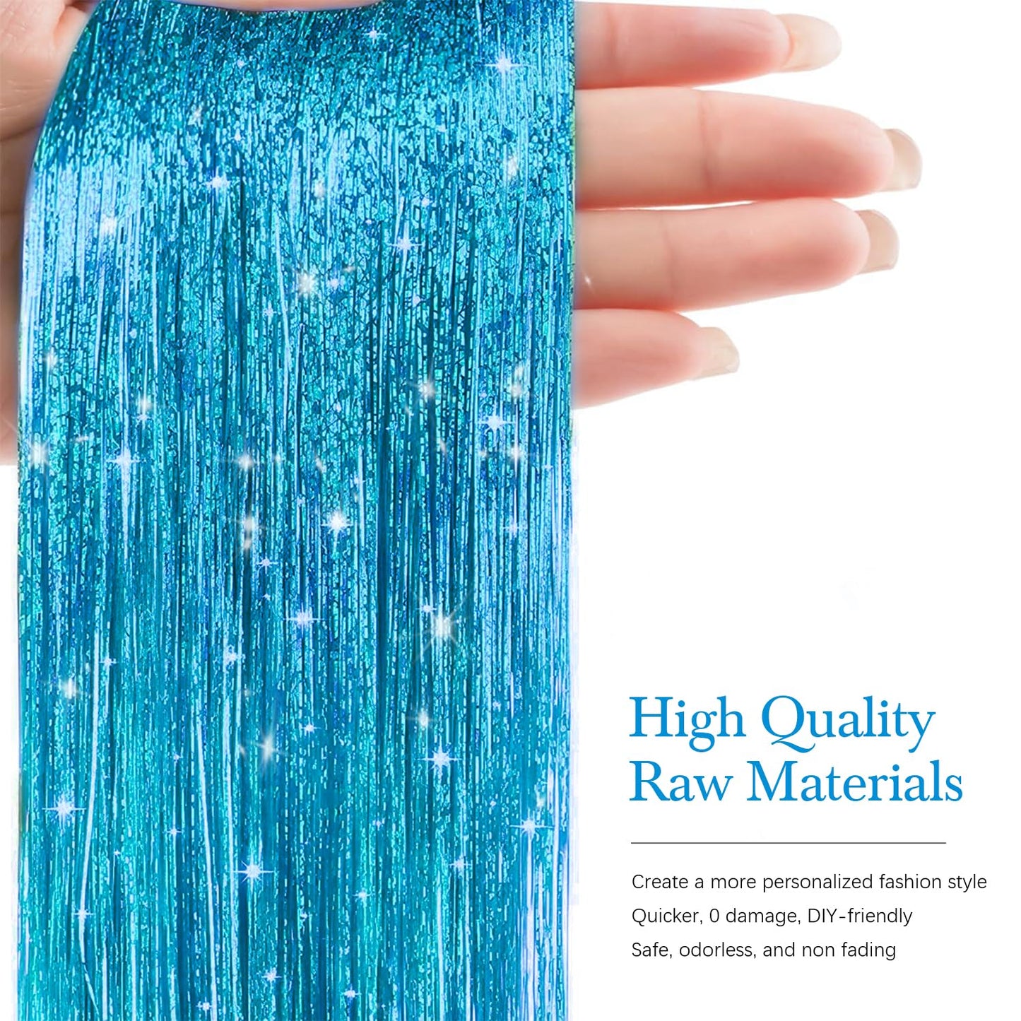 Hair Tinsel 8 Packs 1600 Strands 50 Inch Tinsel Hair Extensions Lake Blue Heat Resistant Glitter Sparkling Shinny Fairy Hair Accessories for Women(Lake Blue, 50Inch)