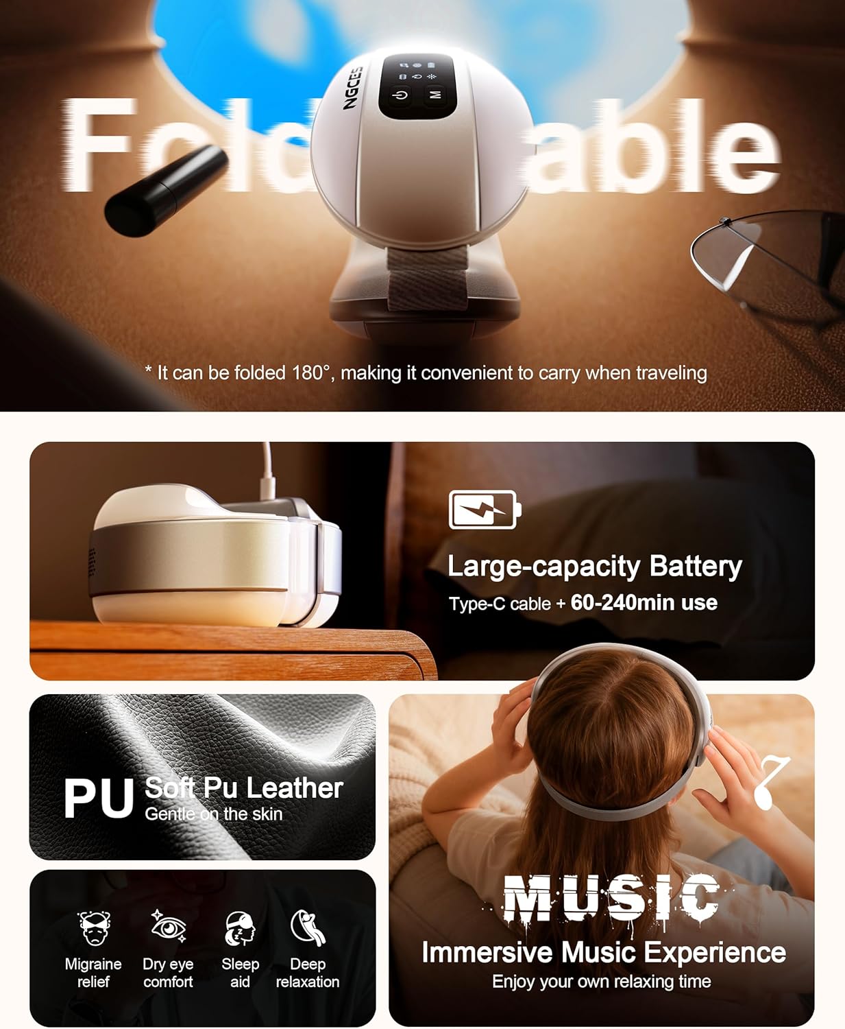 Eye Massager - Heated & Cooling Smart Sleep Mask | 4 Modes for Eye Strain Relief, Portable Travel Spa Gift for Men & Women