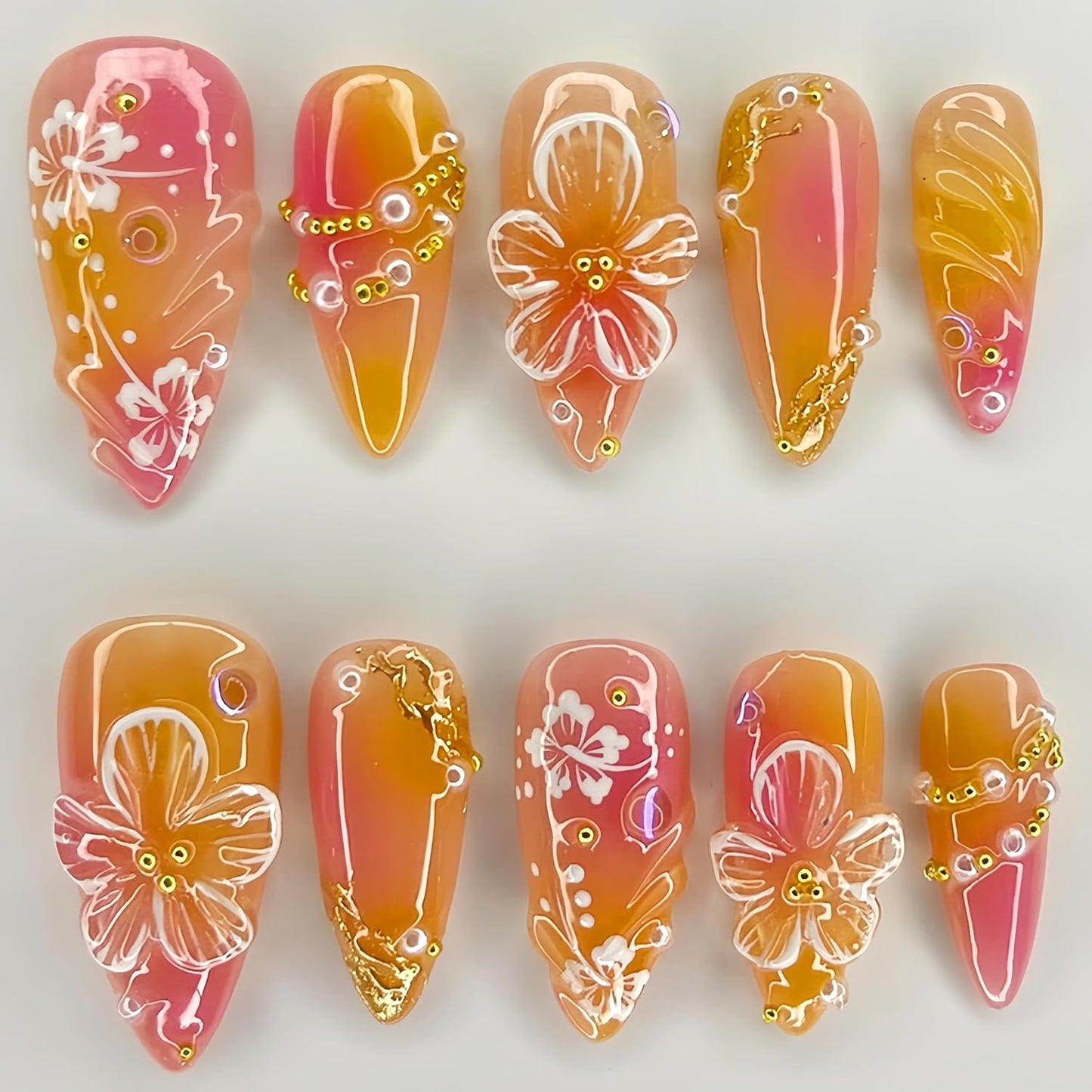 Almond Press-On Nails Set - 30Pcs 3D Pink Flower & Gold Beads | Reusable Floral Design for Beach Vacation