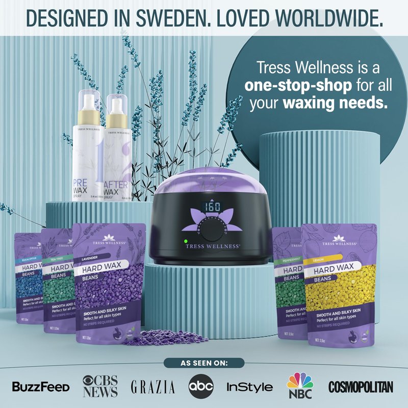 Tress Wellness Award Winning Waxing Kit for Sensitive Skin – Safe for Face & Skin, Easy to Use – At-Home Kit for Face, Bikini, Brazilian & Full Body - Digital Display, Blue Water
