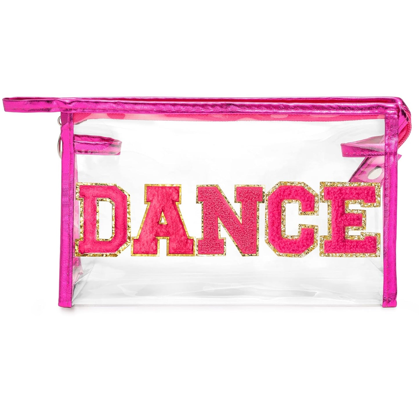 Clear Makeup Bag - Preppy Hot Pink Dance Chenille Patch | Extra Large Waterproof Toiletry Organizer for Women