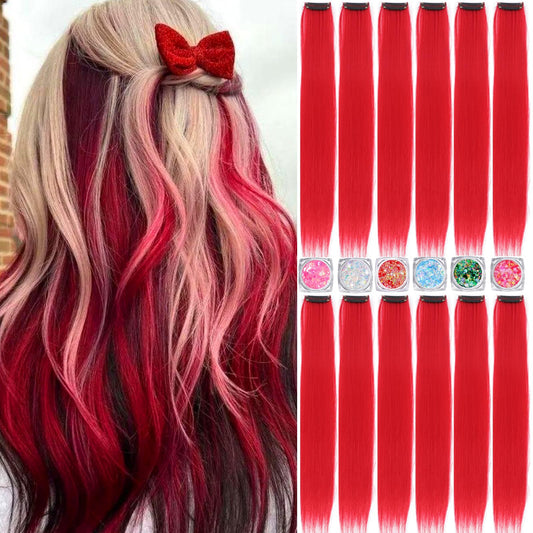 Colored Hair Extensions, 22 Inch Straight Clip in Hair Extension Body Face Hair Glitter Multi Color Rainbow Pink Red Hairpiece Extensions for Kids Girls Women (Glitter+Red)