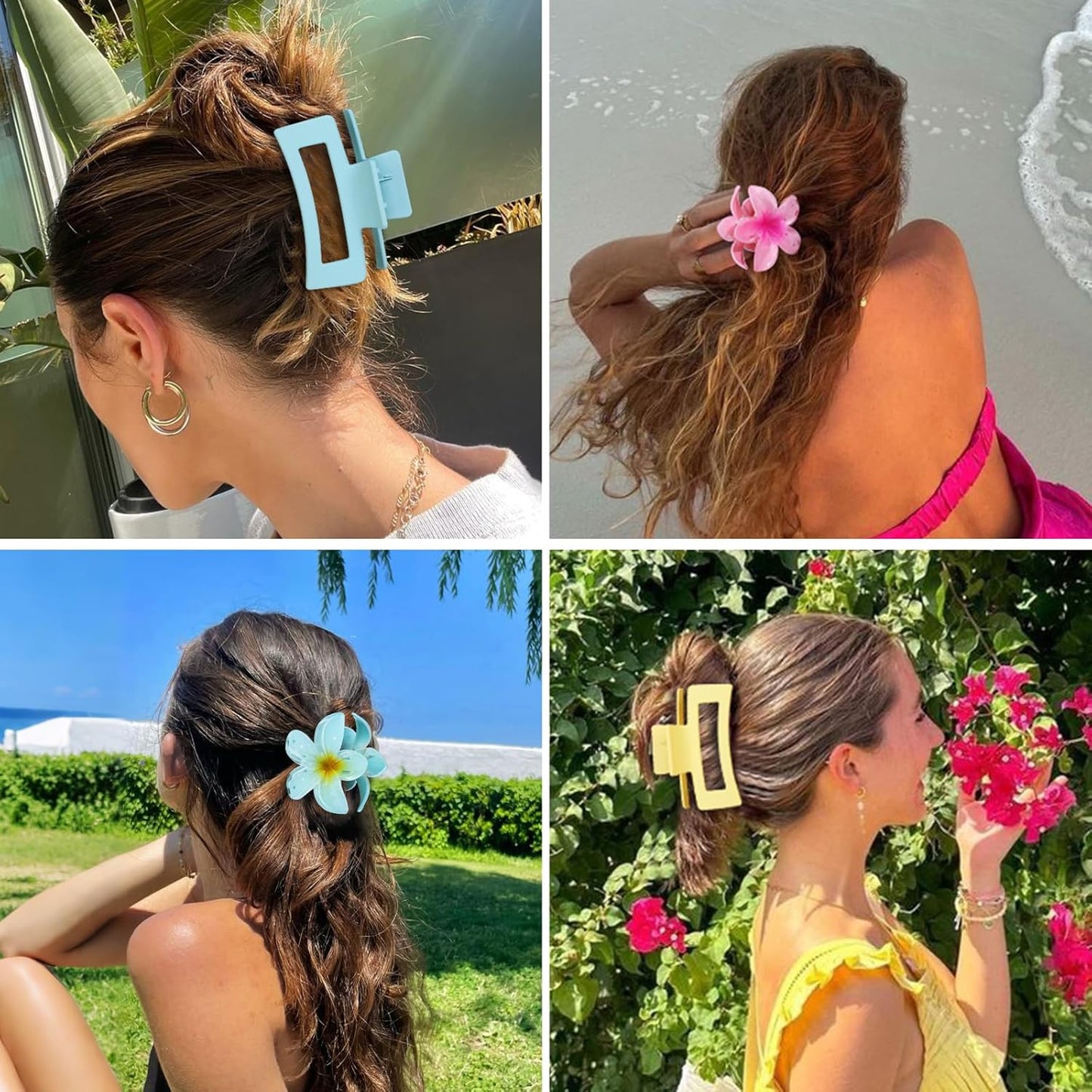Flower Hair Clips - Square Claw Clips for Thick or Thin Hair | 6 PCS Hawaiian Hibiscus & Plumeria Styles (Pink)