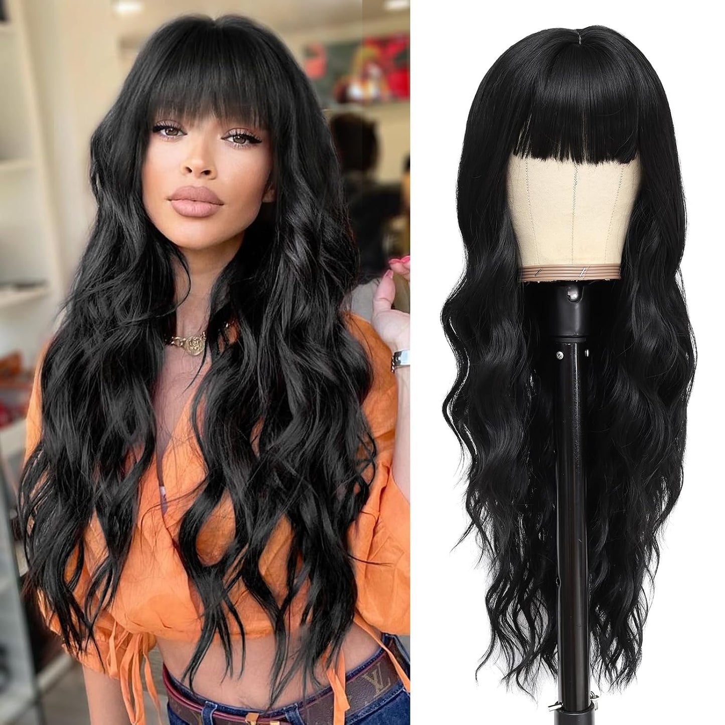 NAYOO Brown Wigs for Women - Long Curly Wavy Hair | Heat Resistant Synthetic Fiber, 24 Inches