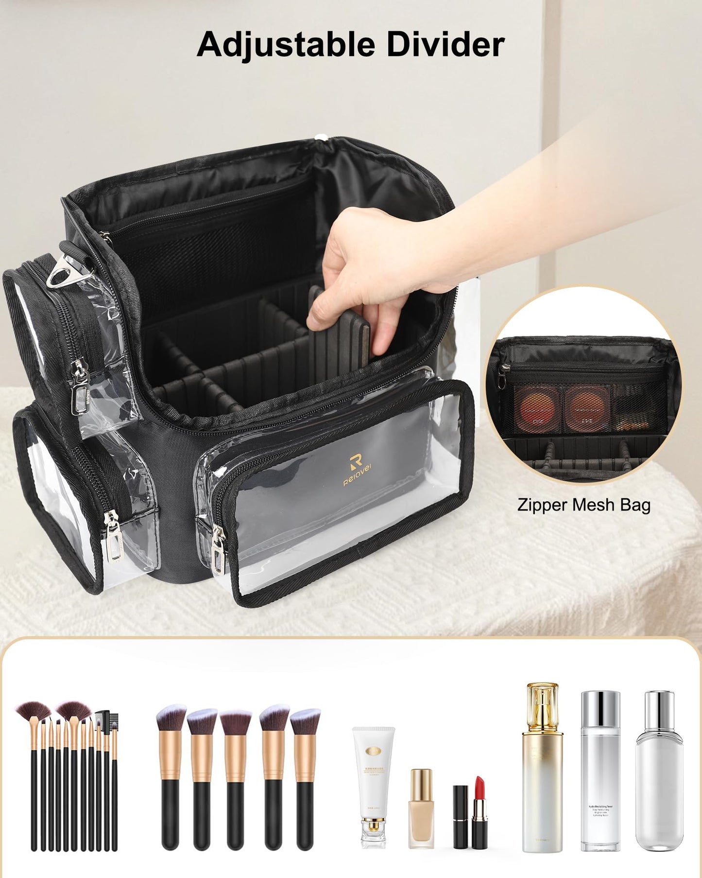 TANTO Makeup Brush Bag & Makeup Brushes Holder, Clear Large Cosmetic Case Professional Makeup Artist Bag Portable Travel Organizer with Adjustable Dividers and Shoulder Strap (Black,Large)