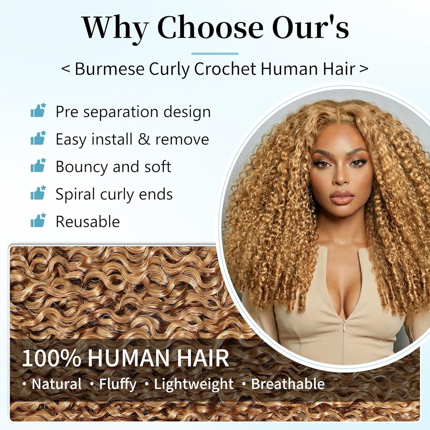 Honey Blonde Burmese Curly Crochet Hair Extensions - 20 Inch, 240g, Lightweight & Reusable, Invisible Knots