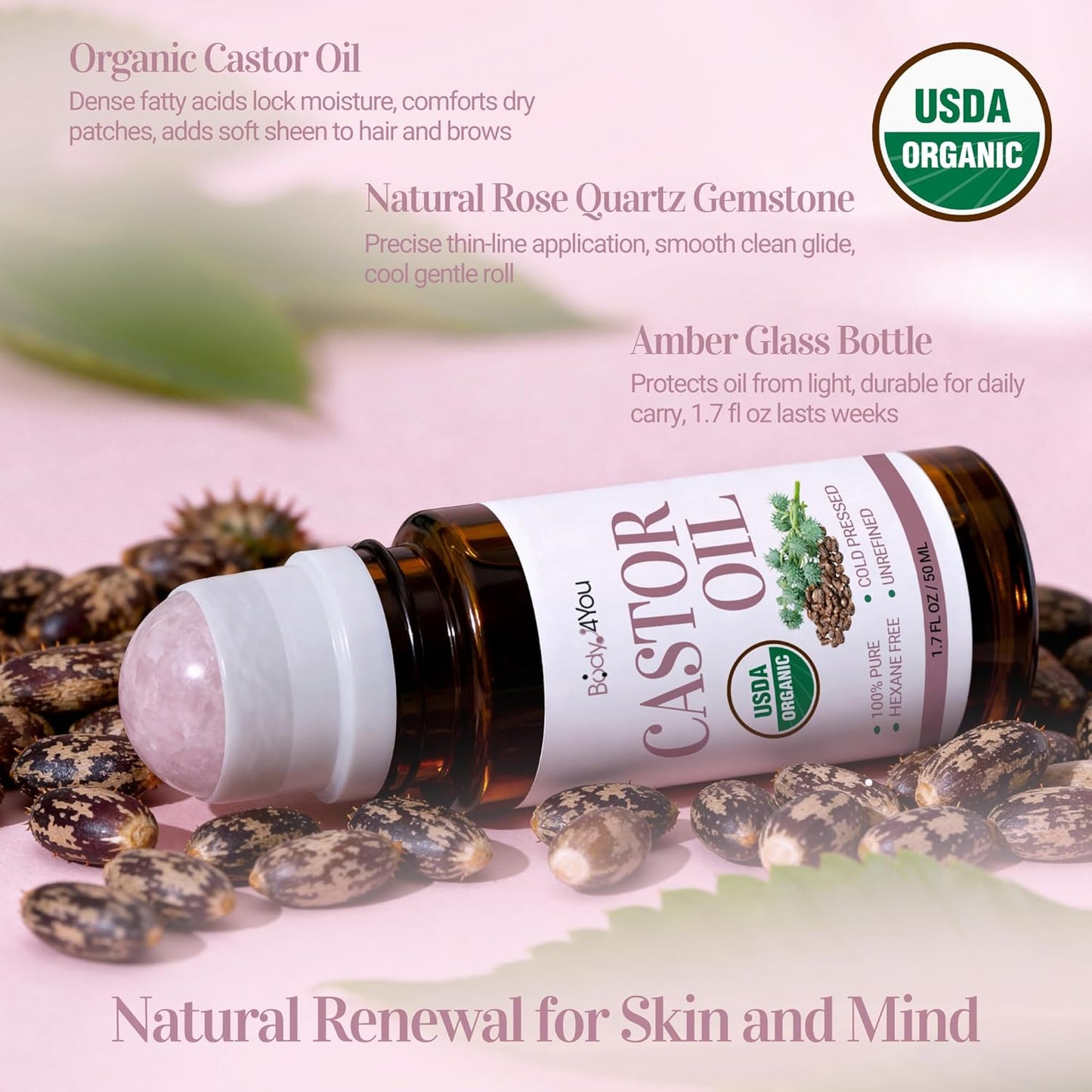 Castor Oil Roll-On for Eyelashes & Eyebrows - 100% Pure Organic Cold Pressed | Hydrating Growth Oil - 1.7 Fl Oz