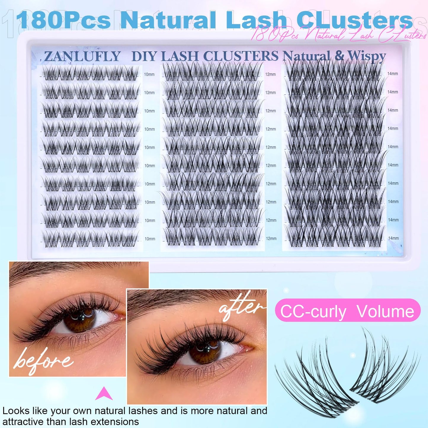 Lash Clusters Wispy Eyelash Clusters Natural CC-Curly Cluster Lashes zanlufly Wispy Individual Lashes 180Pcs Eyelash Extension 10 12 14MM DIY Lash Extension