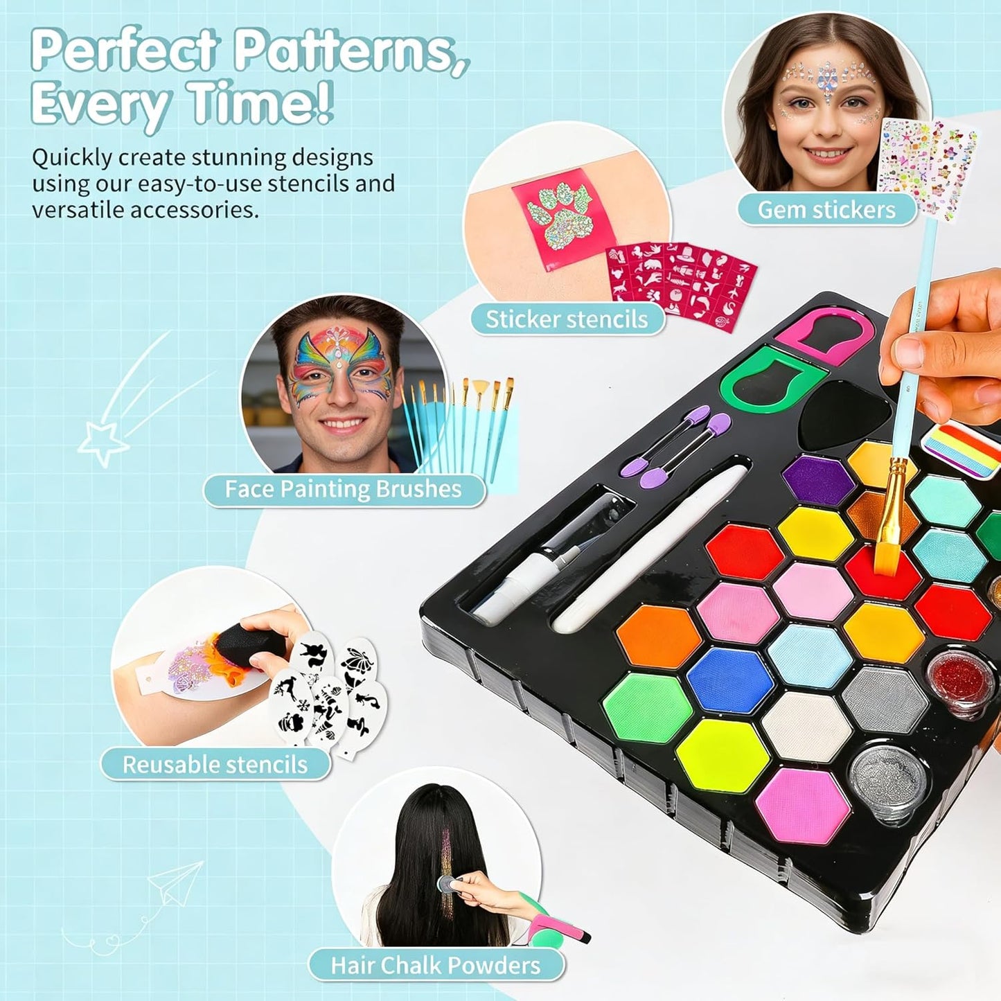Face Painting Kit - 24 Color Water-Based Non-Toxic Paint Set with Brushes & Stencils | Ideal for Parties, Halloween & Birthdays