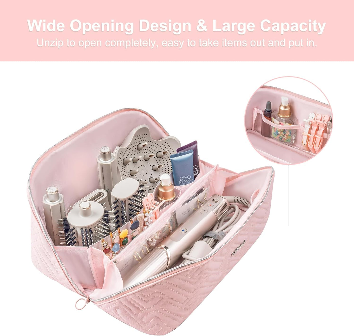 Travel Makeup Bag for Dyson Airwrap & Shark Flex Style - Portable Organizer with Divider & Handle | Pink
