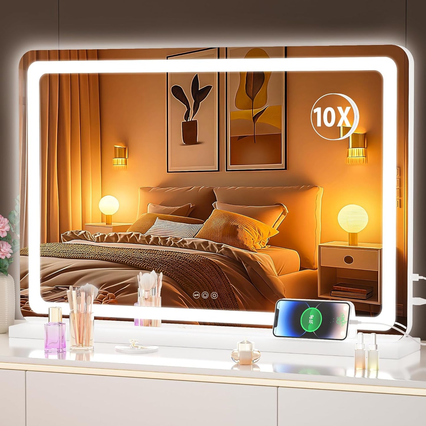 LED Makeup Mirror with Lights - 31.5" x 22" Dimmable Touch Screen Vanity Mirror | Round Black Design