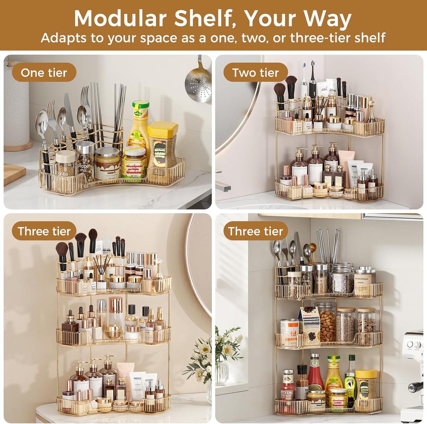 Corner Bathroom Counter Organizer - 3-Tier Makeup & Skincare Storage with Brush Holder | Elegant Gold Finish