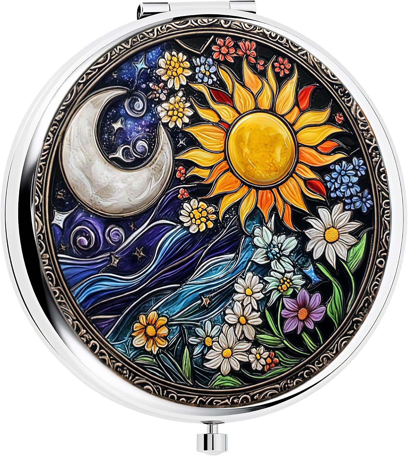 Silver Compact Mirror - Double-Sided Folding Makeup Mirror with Sun Moon Floral Design | 2.8"x2.8" - Perfect Gift for Women