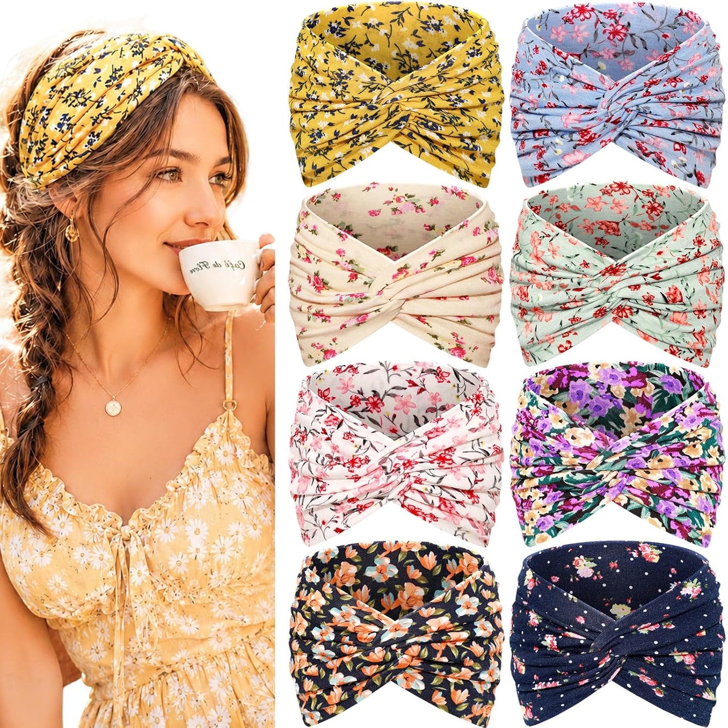 Wide Headbands for Women - 7.08 Inch Thick Boho Turban Hair Wraps | Non-Slip, Moisture-Wicking, 8 Pack Multi Colors