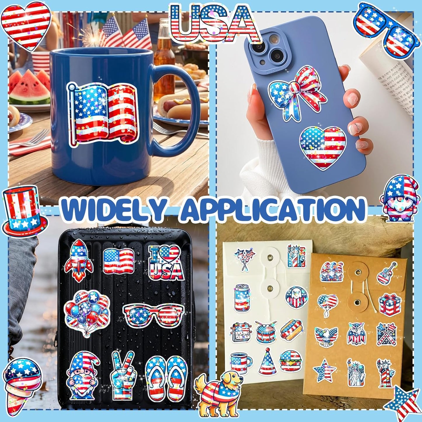 4th of July Waterproof Vinyl Glitter Stickers - Patriotic Holographic Decorations for Water Bottles, Laptops & More | 100 Pcs