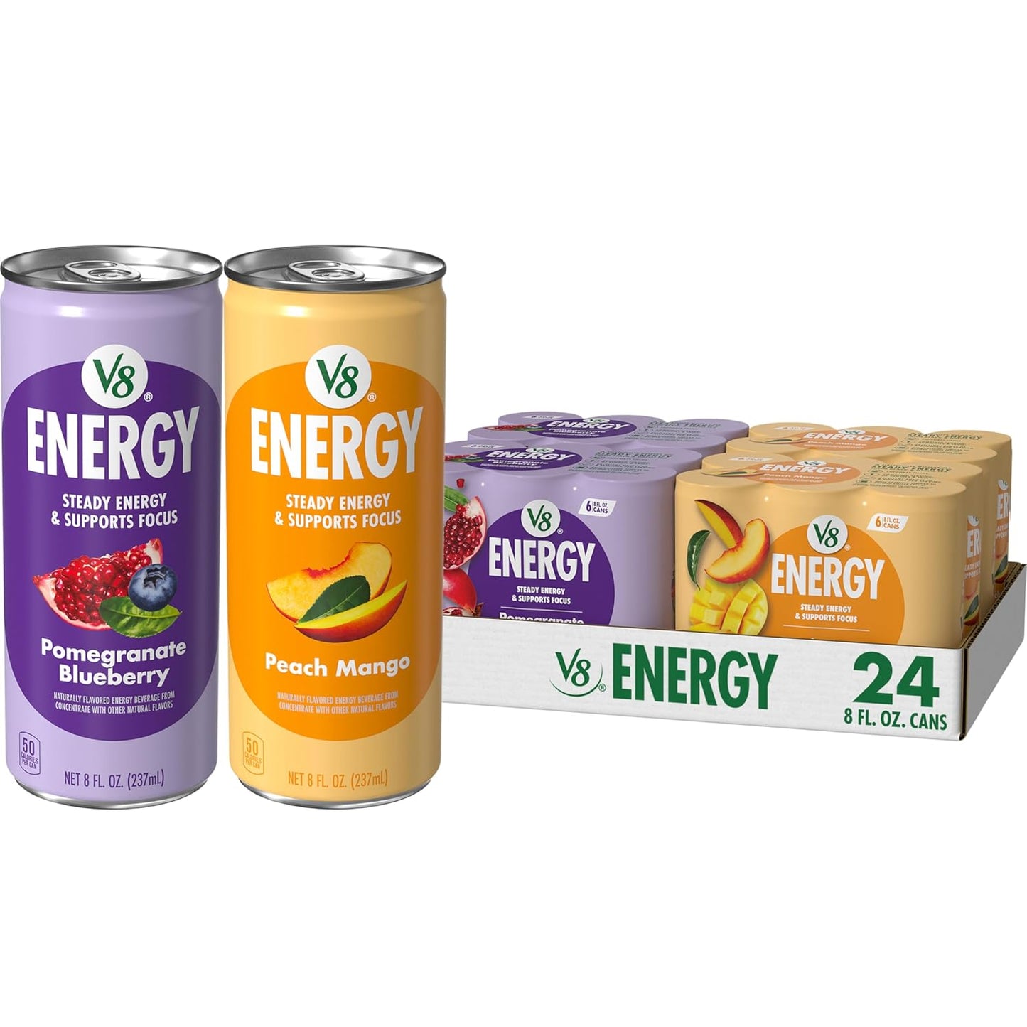 V8 Energy Peach Mango Energy Drink - 8 Fl Oz Can | 24 Pack of Refreshing Energy Boost