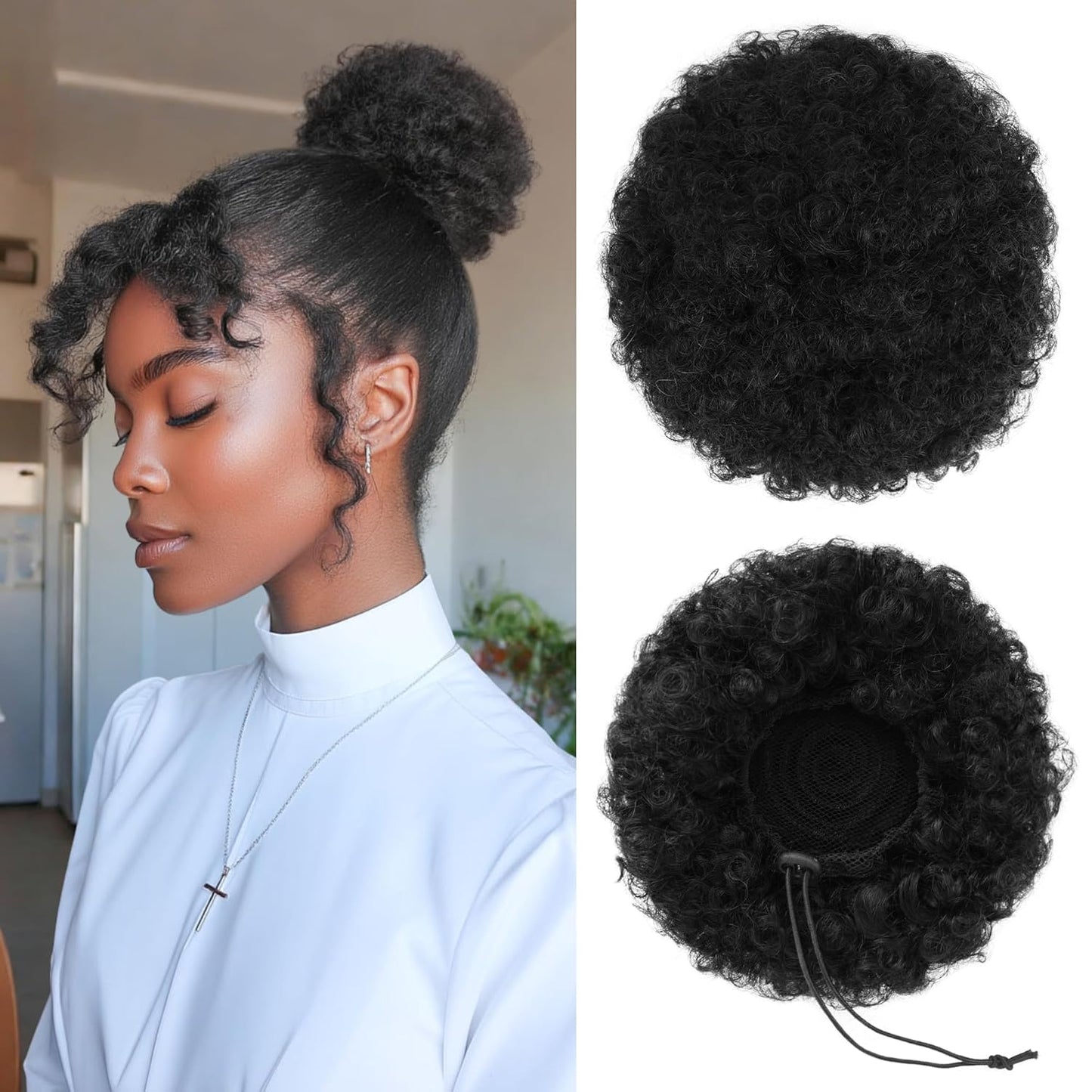 Human Hair Afro Puff Drawstring Ponytail - Kinky Curly Short Extensions for Black Women | Medium Size - 1B Natural Black