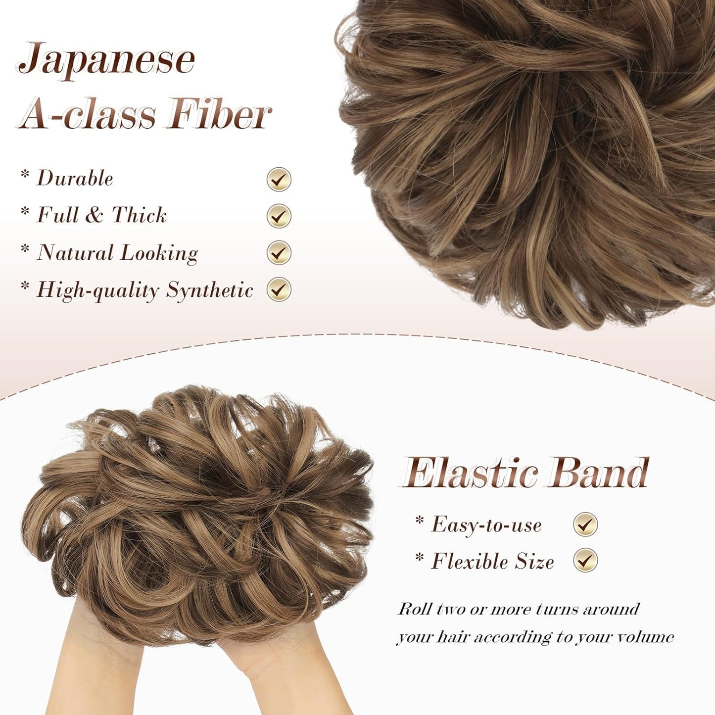 Messy Bun Hair Piece - Wavy Synthetic Chignon Scrunchie for Instant Volume | Brown Mixed Honey Blonde, 1.50 oz