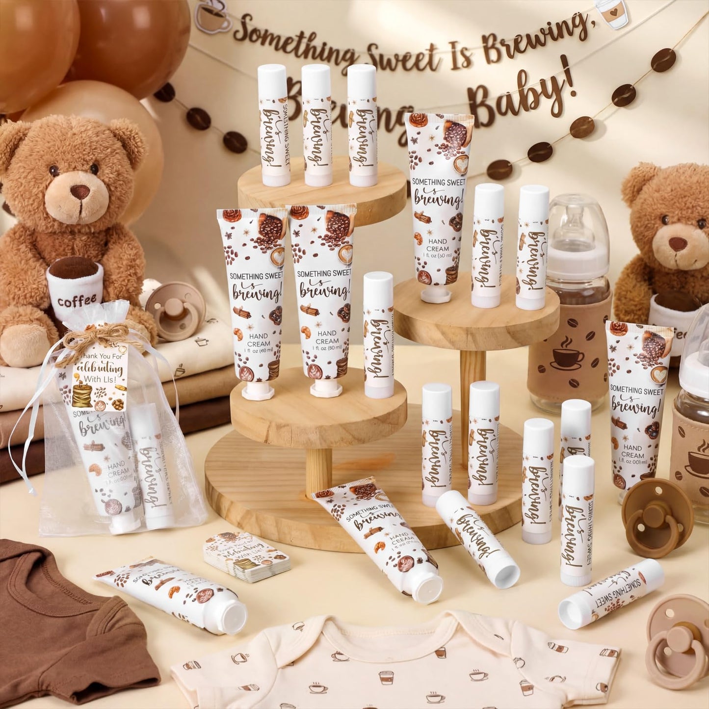 Dansib 24 Sets Coffee Themed Baby Shower Hand Cream and Lip Balm Gift, Something Sweet Is Brewing Baby Shower Party Favors for Guest Travel Size Hand Lotion and Lip Balm Bulk Birthday Party Supplies