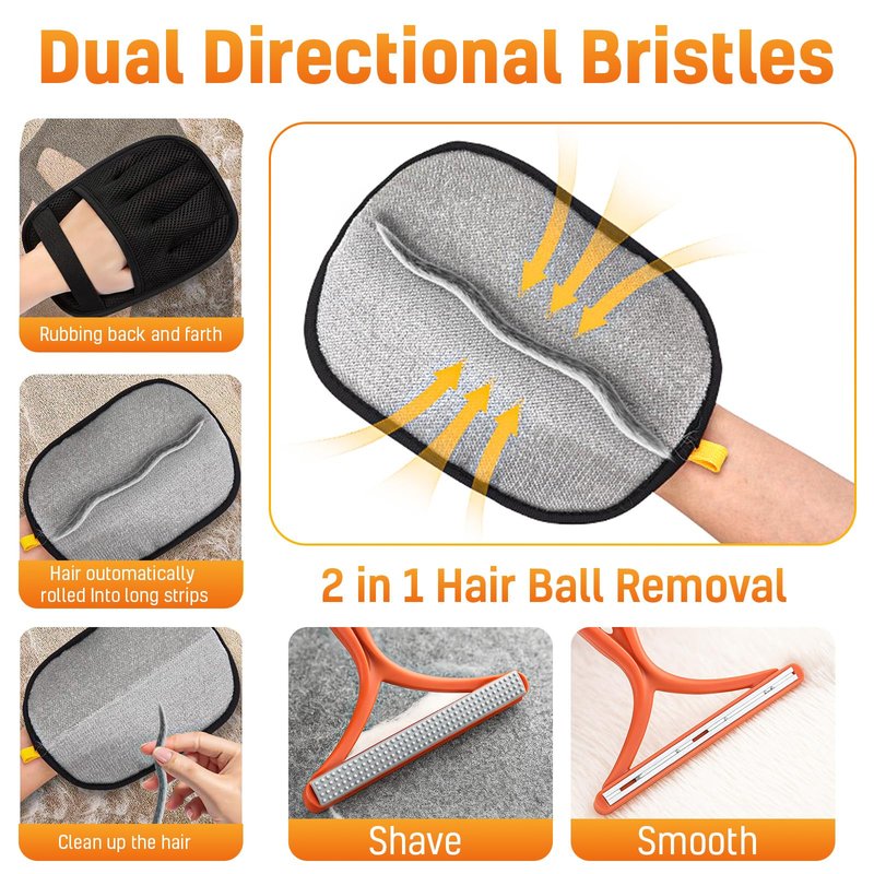 3pcs Large Pet Hair Removal Gloves for Cats | Electrostatic Magic Brush for Clothes, Beds, Sofa, Carpets | Fur Hero | Thickened Newly Upgraded | Fur Remover Mitt for Dogs, 2 Gloves + 1 Lint Scraper