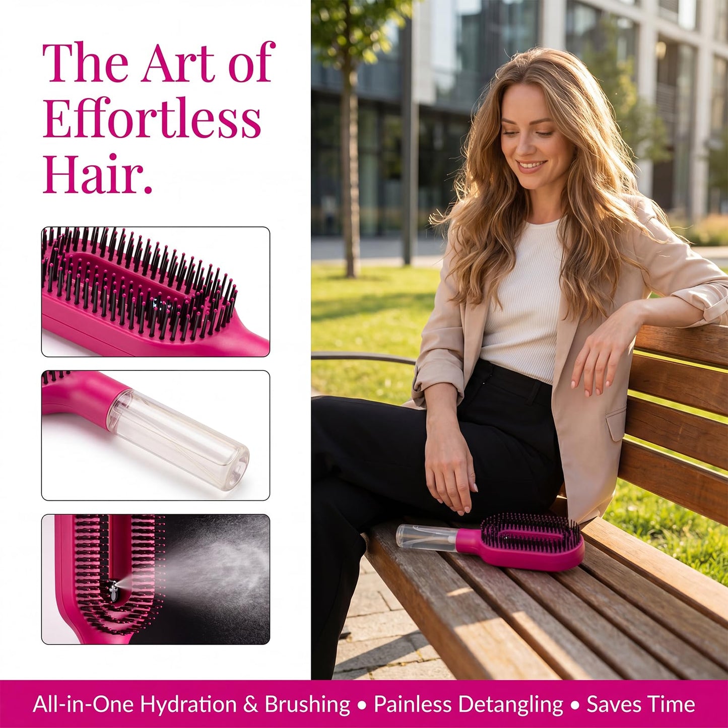 2-in-1 Detangler Hair Brush, With Built-In Mister Spray, Wet & Dry Detangling Brush for Curly, Wavy & Straight Hair | No-Tangle Anti-Frizz Hair Care Brush,Water Reservoir 50ml. (Caramel)
