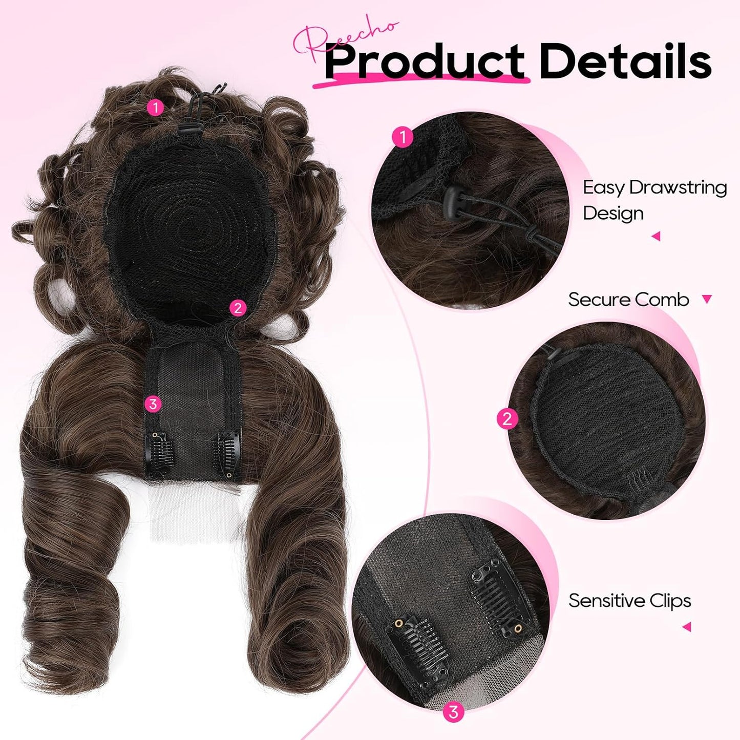Messy Bun Hair Piece with Bangs - 2-in-1 Curly Updo Wig & Hair Topper | Natural-Looking Drawstring Ponytail Extension in Chocolate Brown