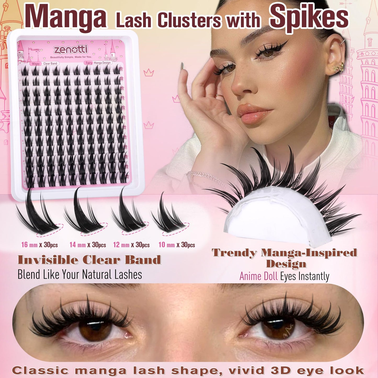 Manga Lash Clusters with Spikes Anime Lashes Cluster Natural Cluster Eyelash Extensions Wispy Spiky Fairy Individual Lashes Invisible Clear Band DIY Lash Extensions 10-16MM 120PCS by zenotti