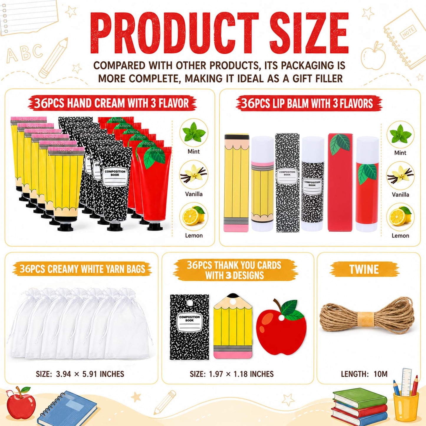 144Pcs 36 Sets Teacher Employee Appreciation Gifts Bulk Include Hand Cream Lotion Lip Balm with Bag Card Bulk Travel Size Thank You Gift for Employee Thank You Graduation Back to School Party Supplies
