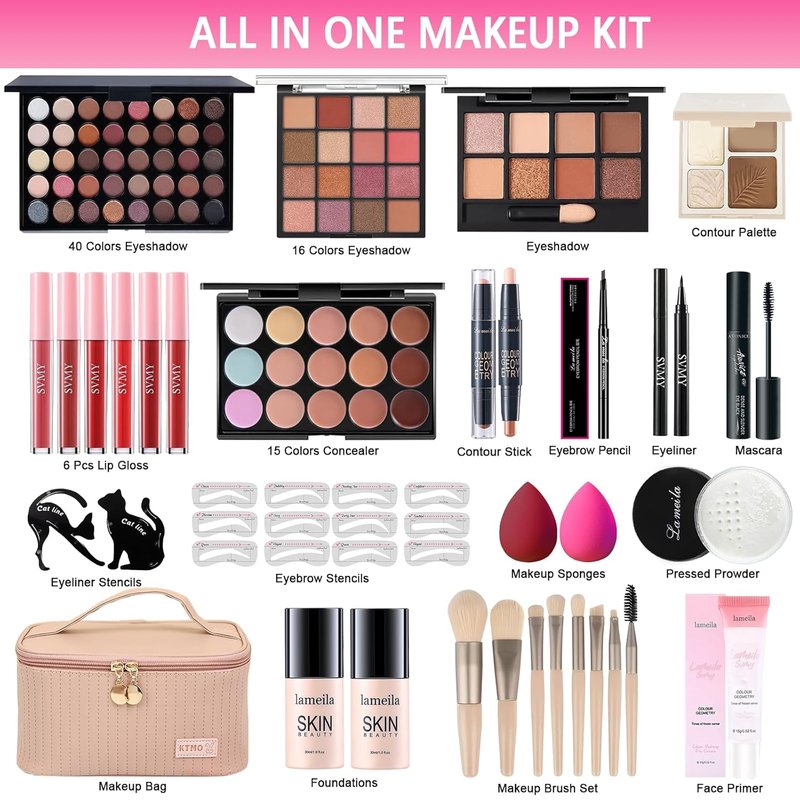 Makeup Kit for Women - Complete Essential Bundle with Eyeshadow Palette, Foundation, Eyeliner & Brushes | Perfect Gift Set for Teens & Girls