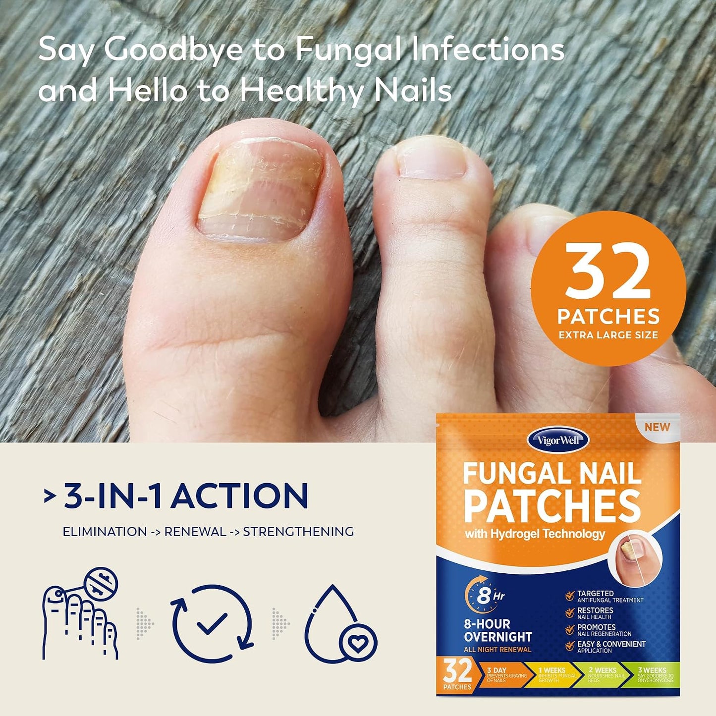 Toenail Fungus Treatment - Extra Strength Hydrogel Patches for Overnight Repair | 32 Medium Patches, Visible Results in 8 Hours