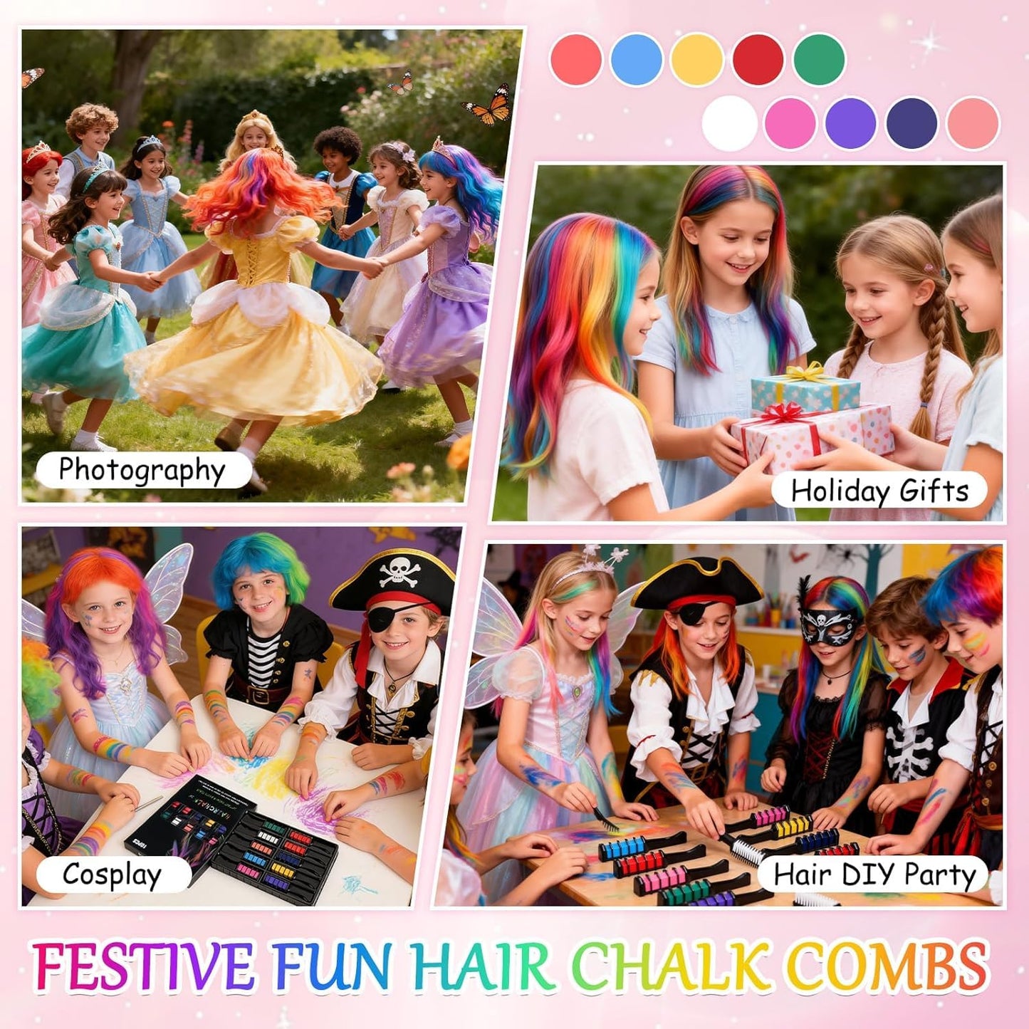 Vibrant Temporary Hair Chalk Combs - 10 Festive Colors | Washable & Quick Dry for Parties