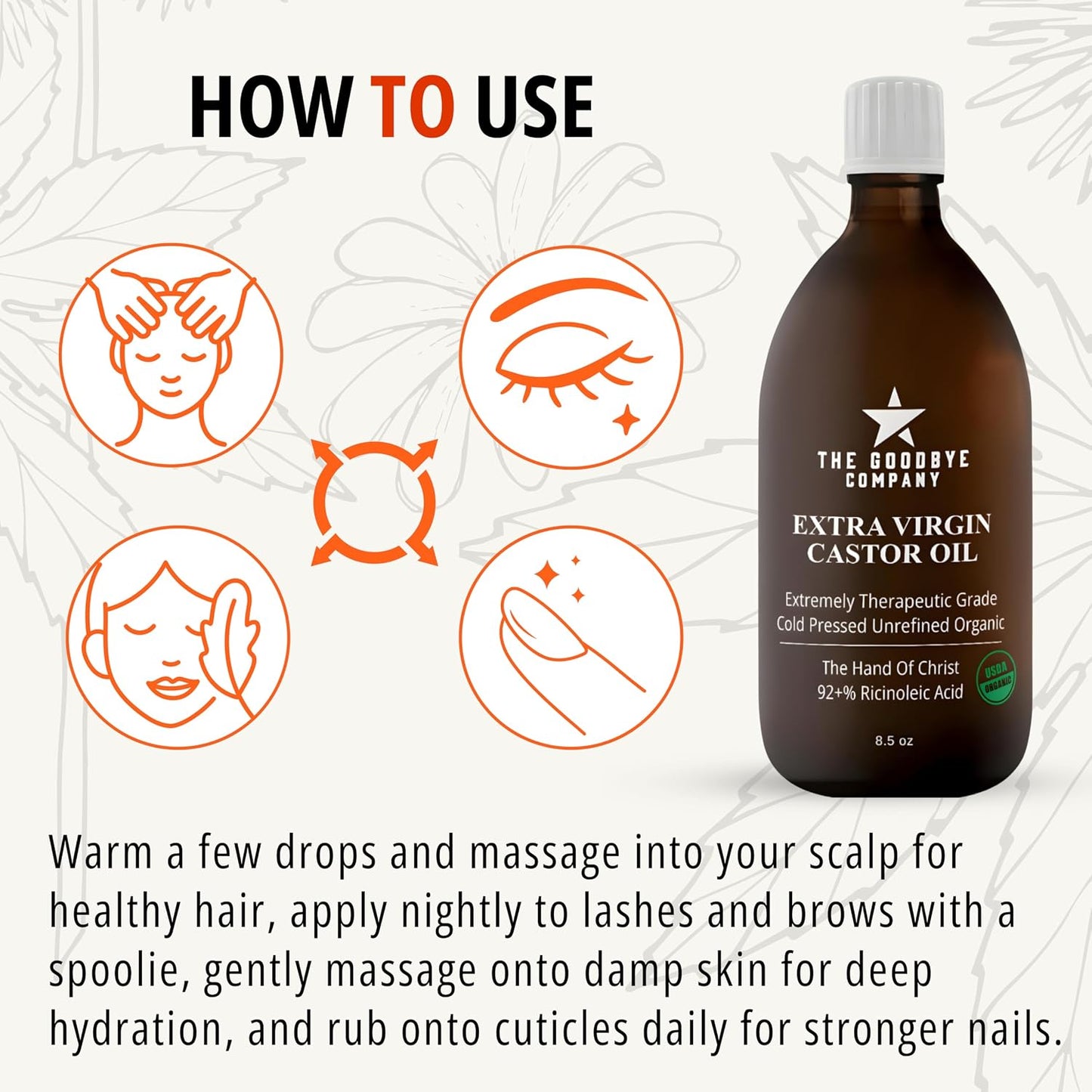 USDA Organic Cold-Pressed Castor Oil - Extra Virgin, Hexane-Free, 8.5 oz Glass Bottle | Pure for Hair, Skin, Lashes & Brows