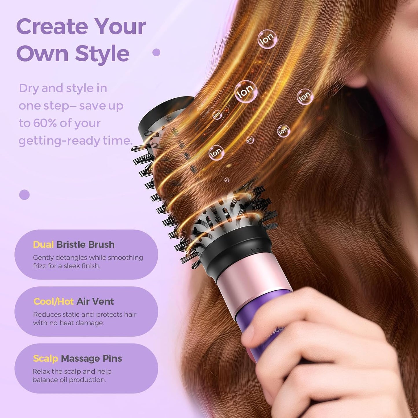 Vincofy 7-In-1 Blow Dryer Brush Set | Ionic Hot Air Styler for Fast Drying, Curling & Straightening - 1500W Power, Purple