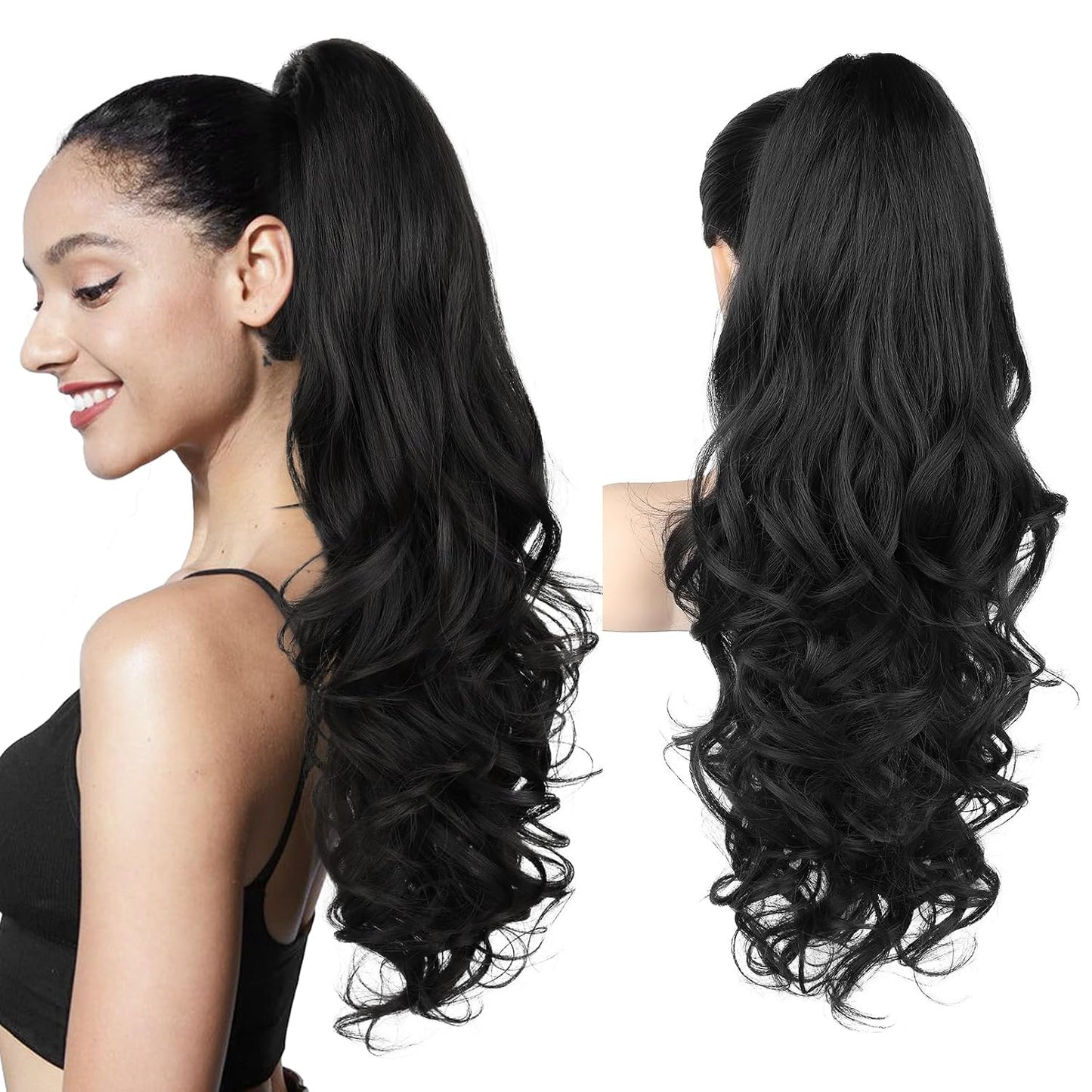 Ponytail Extension - 24" Claw Clip In Long Curly Wavy Hairpiece | Medium Blonde with Highlights